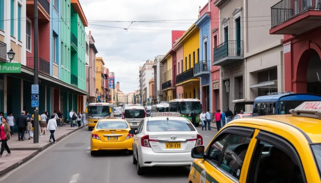 Busy street in downtown Cochabamba with local transportation and pedestrians