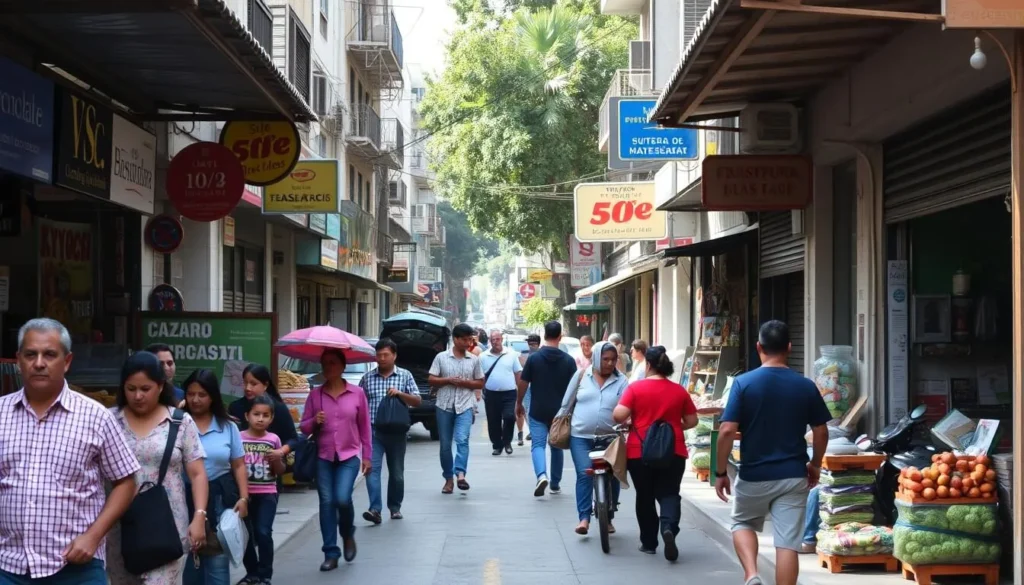 Busy street scene in Ciudad Nezahualcoyotl with locals going about their daily activities
