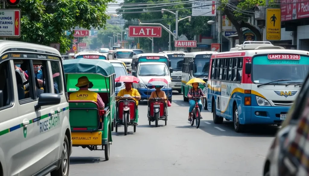 Busy street scene in Surabaya with various transportation options including ride-sharing cars, traditional becaks, and public buses