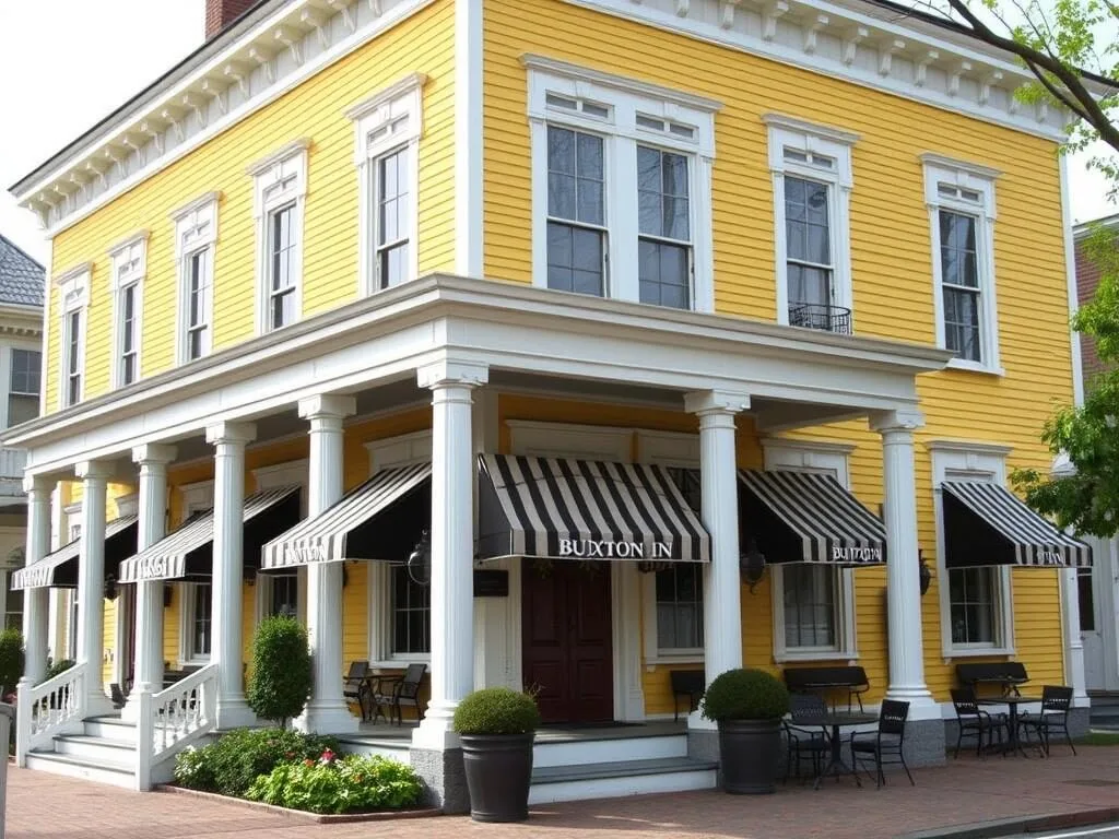 Buxton Inn in Granville Ohio with its yellow facade and historic charm