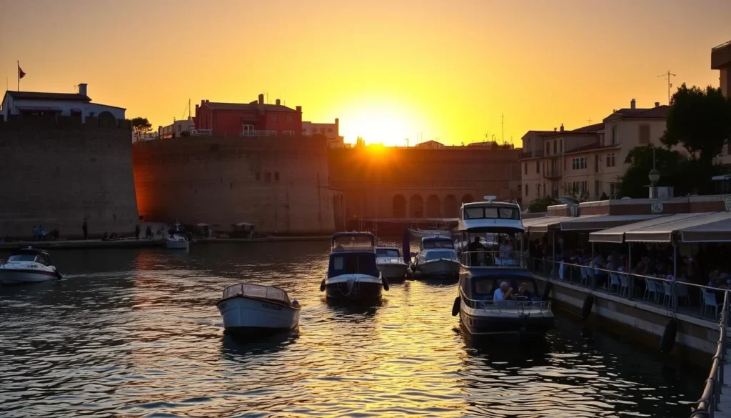 Byblos harbor at sunset with golden light illuminating the ancient port and boats