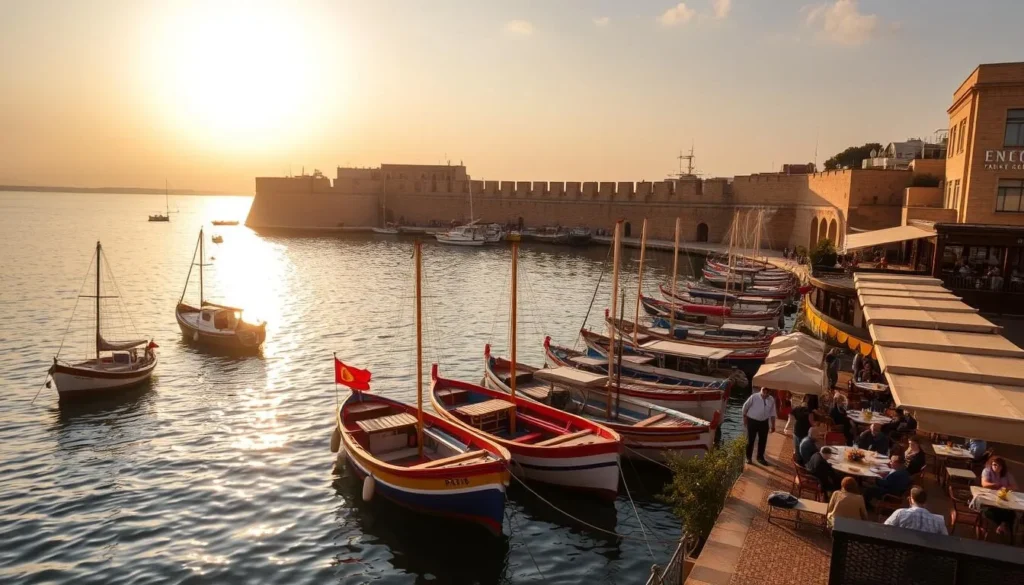 Byblos harbor with traditional fishing boats and waterfront restaurants at sunset