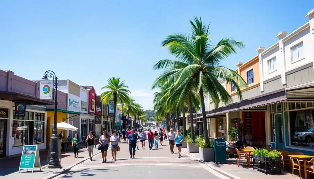 Byron Bay town center with shops, cafes and pedestrians Byron Bay town center with shops, cafes and pedestrians