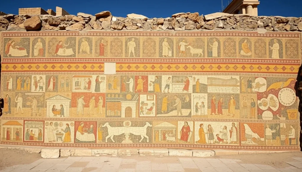 Byzantine mosaics in the Madaba Archaeological Park showing intricate patterns and figures Byzantine mosaics in the Madaba Archaeological Park showing intricate patterns and figures