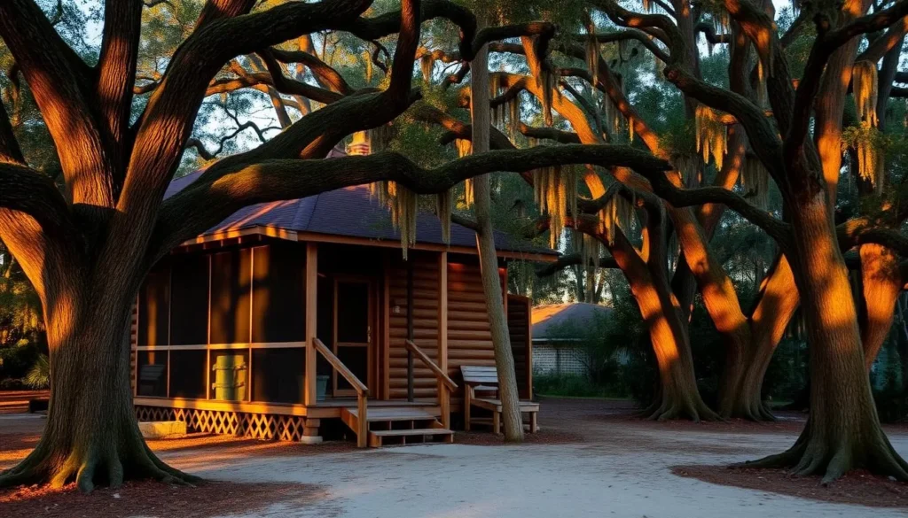 Cabin accommodations at Blue Spring State Park surrounded by oak trees