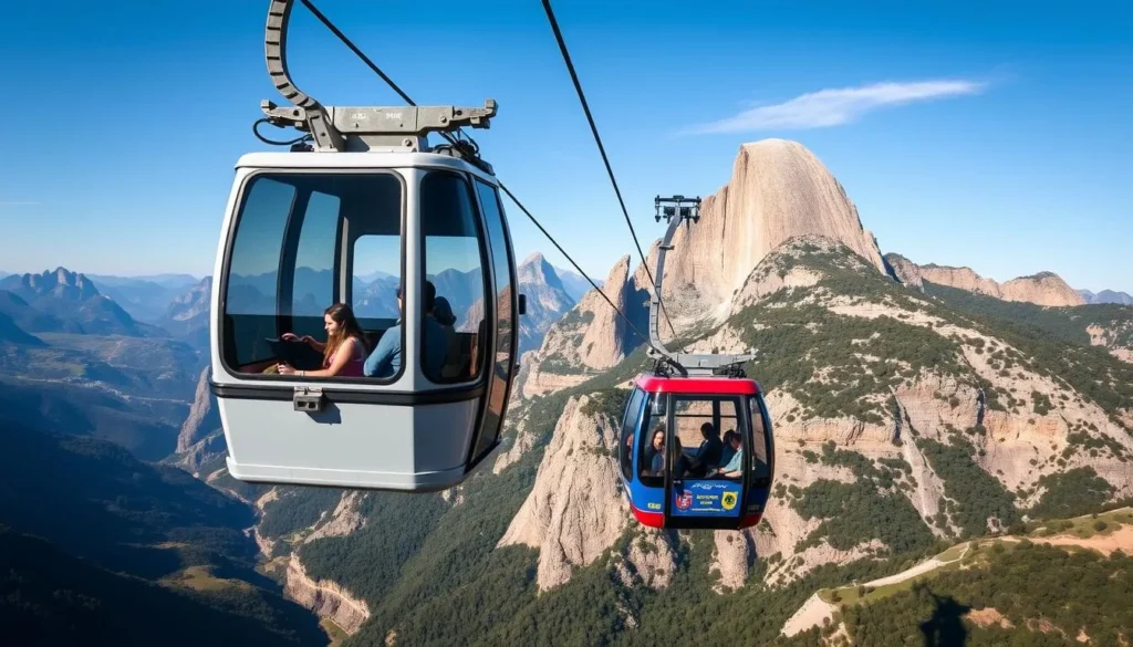 Cable car ascending to Montserrat monastery with spectacular mountain views in the background