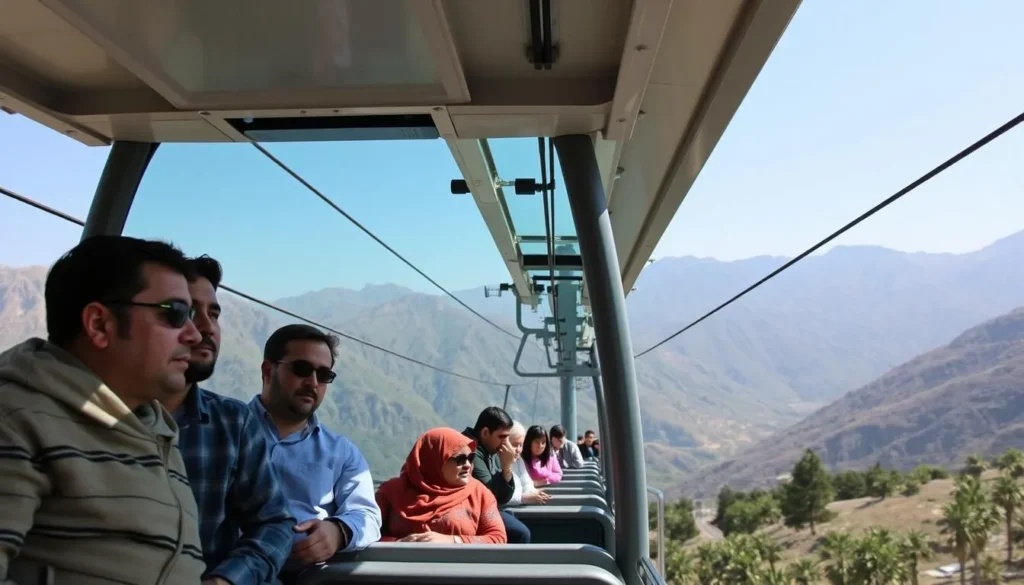 Cable car system in Abha with mountains in the background and tourists enjoying the scenic ride