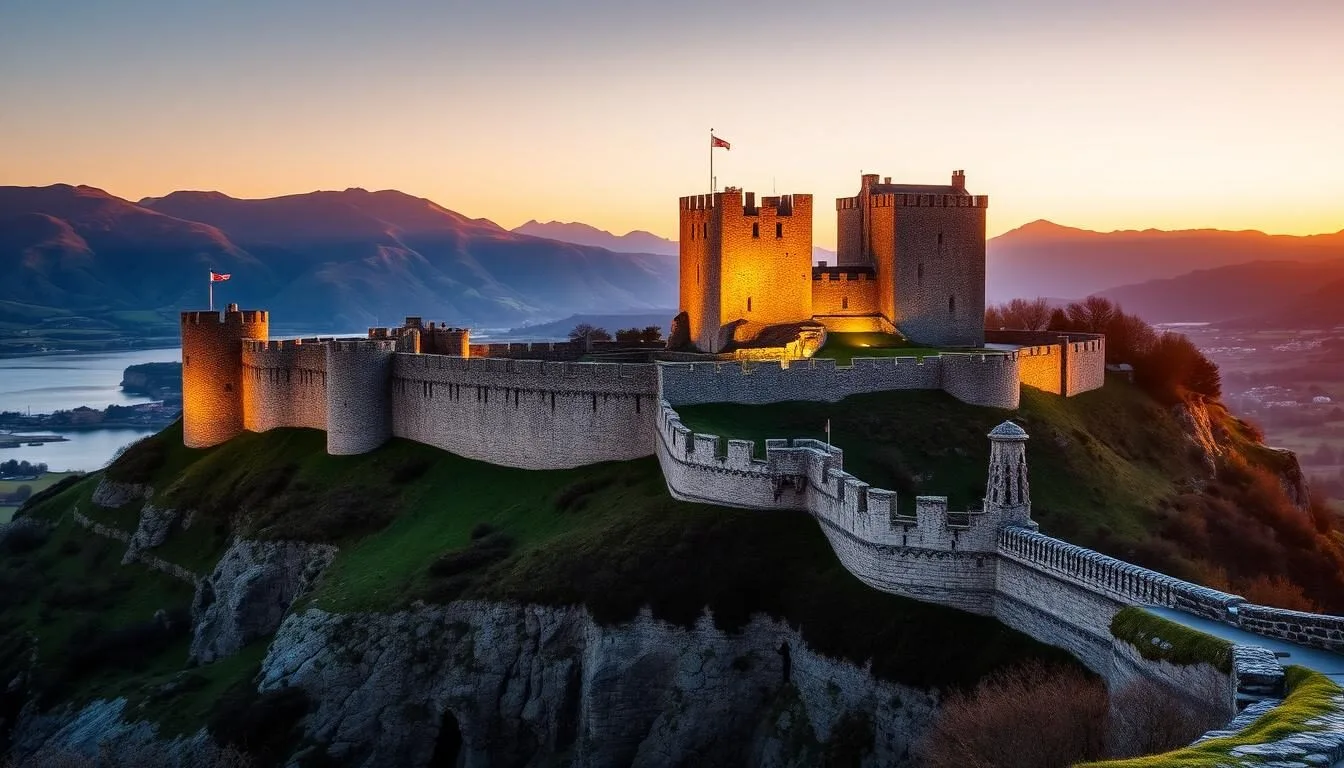 Caernarfon Castle in Wales, United Kingdom with mountains in background at sunset