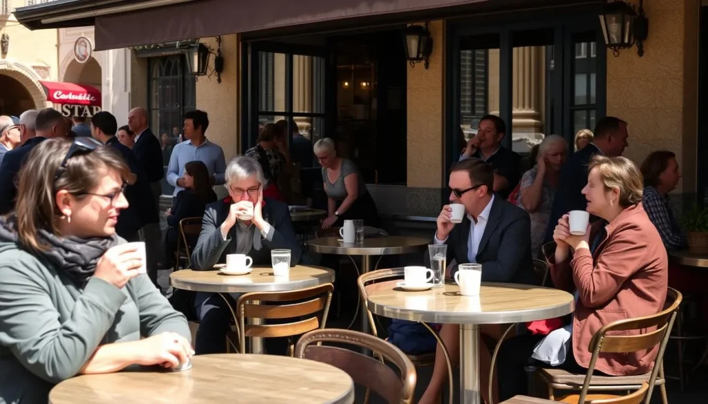 Café scene in Arles with locals and tourists enjoying coffee at outdoor tables following local customs Café scene in Arles with locals and tourists enjoying coffee at outdoor tables following local customs
