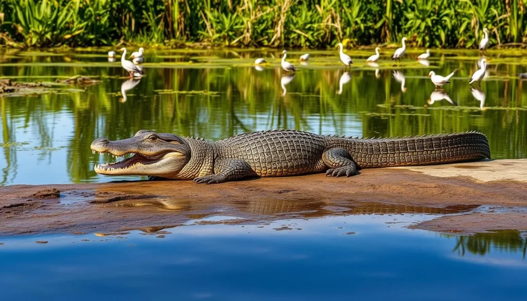 Caiman basking in sun on the edge of Ibera wetlands with birds nearby