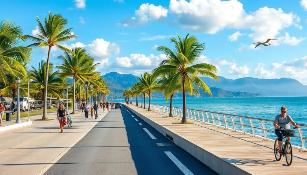 Cairns Esplanade boardwalk with people walking and cycling along the waterfront Cairns Esplanade boardwalk with people walking and cycling along the waterfront