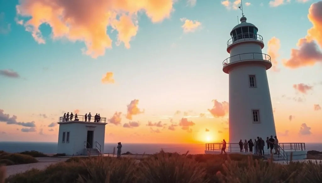 California Lighthouse in Noord, Aruba at sunset with tourists enjoying the view