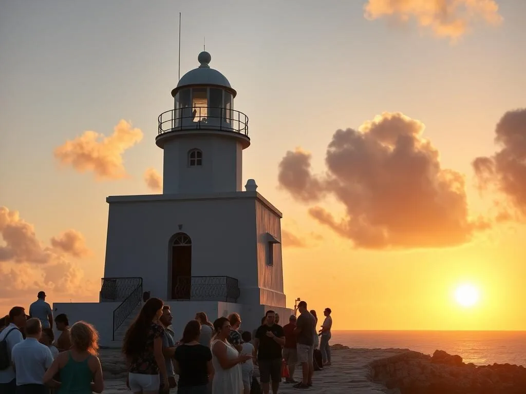 California Lighthouse near Malmok, Aruba at sunset with tourists enjoying the view