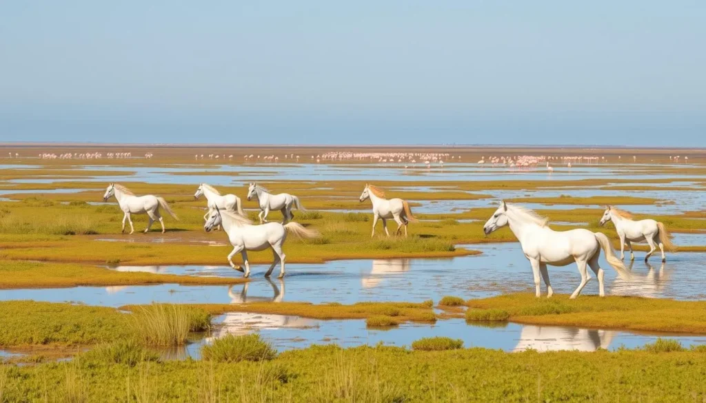 Camargue natural park near Nimes with white horses and wetlands