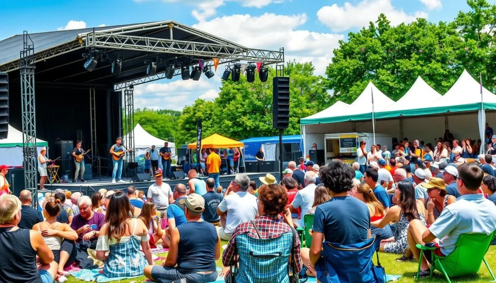 Cambridge Folk Festival with outdoor stage, performers, and diverse audience