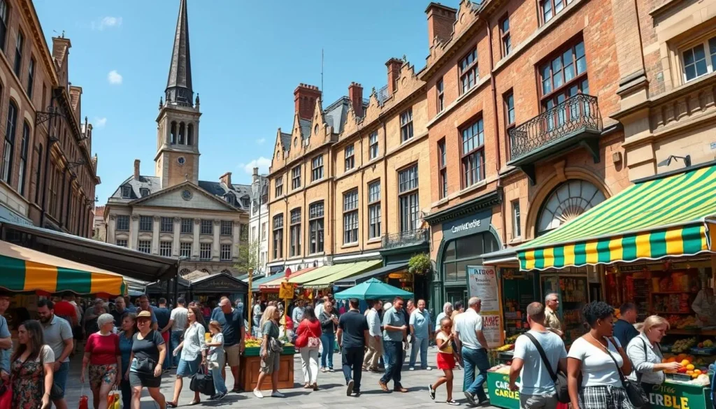 Cambridge Market Square with colorful stalls and historic buildings