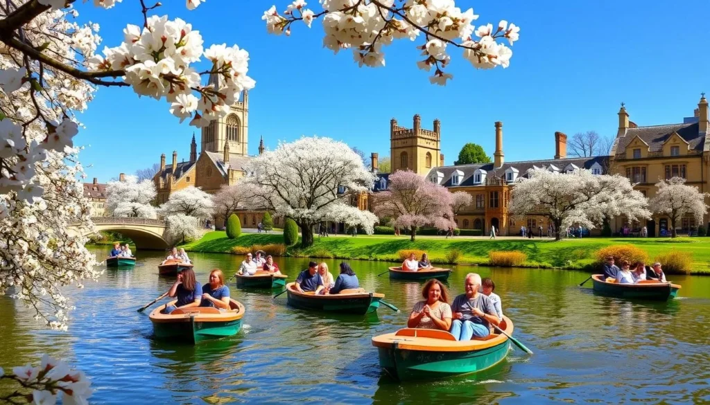 Cambridge in spring with cherry blossoms along the River Cam and punting boats