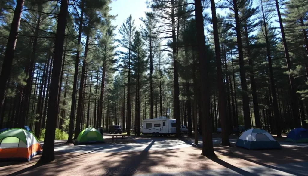 Camden Hills State Park campground with tents set up among pine trees