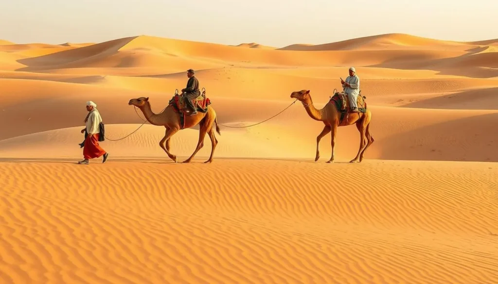 Camel caravan crossing sand dunes in Iriqui National Park with guides in traditional clothing
