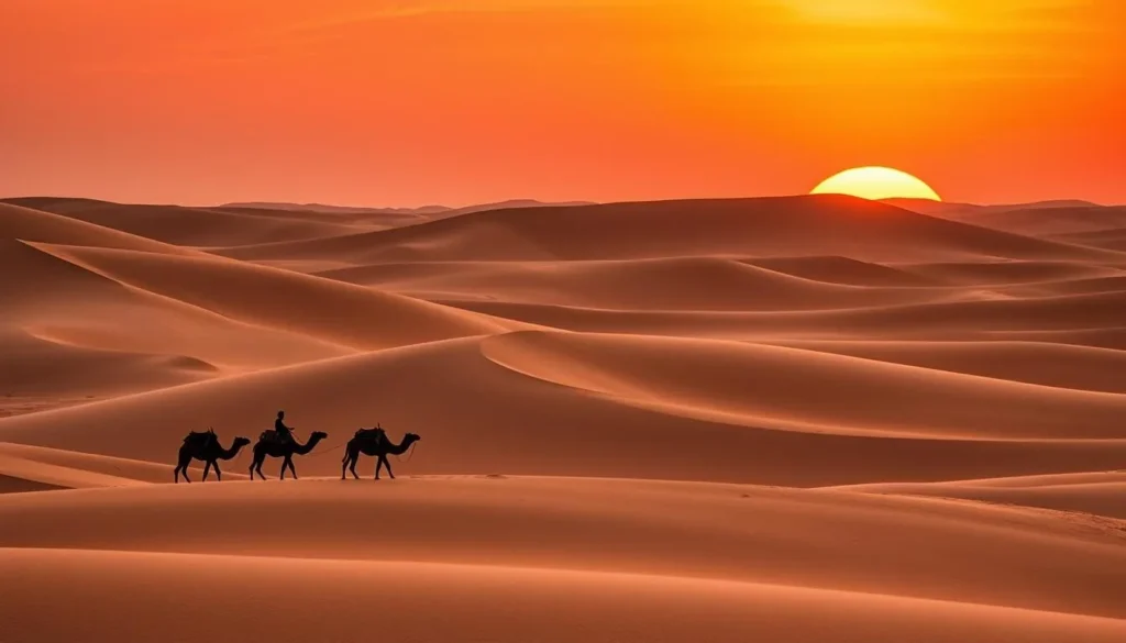 Camel caravan crossing the golden Erg Chebbi sand dunes near Merzouga at sunset