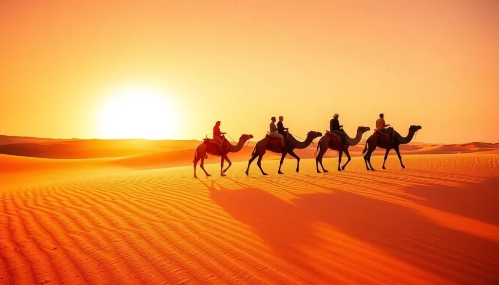Camel caravan trekking through the Sahara Desert near Ouarzazate