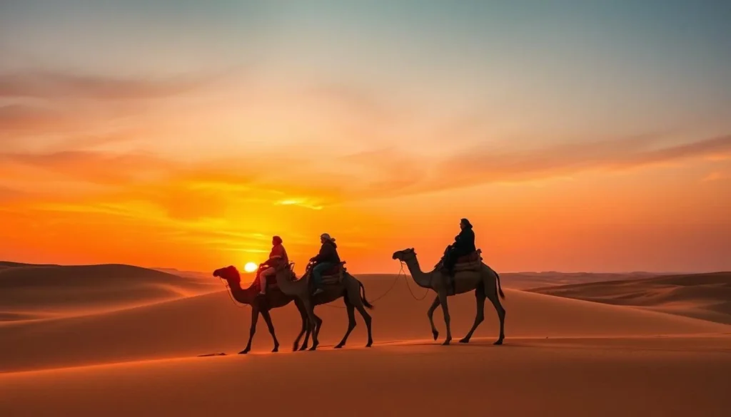 Camel caravan with tourists crossing sand dunes at sunset near Tozeur