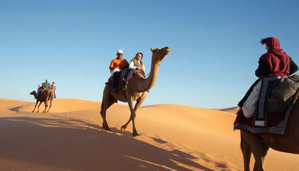 Camel trekking expedition in the desert near Smara, Morocco