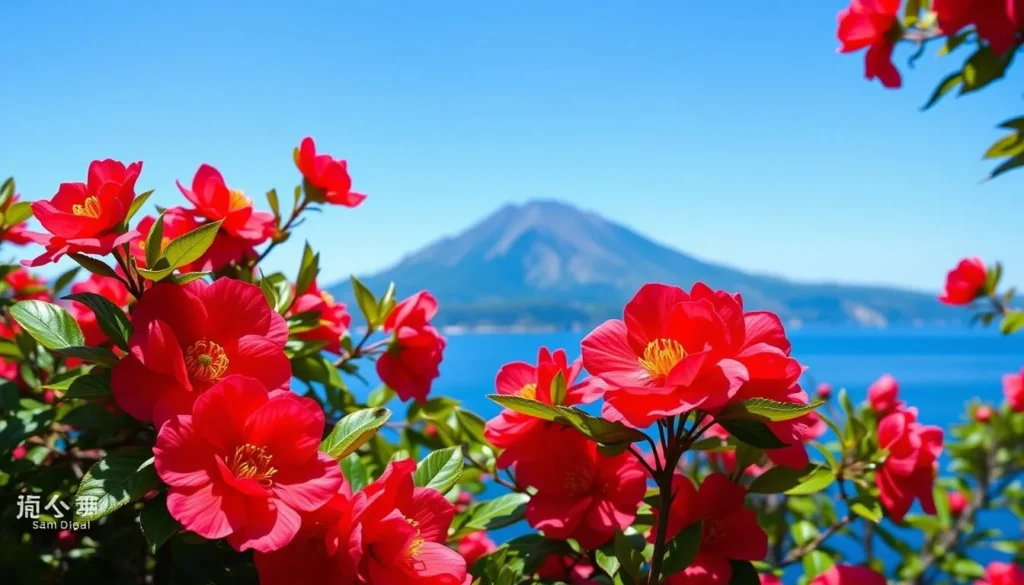 Camellia flowers blooming on Izu Oshima Island with Mount Mihara in the background