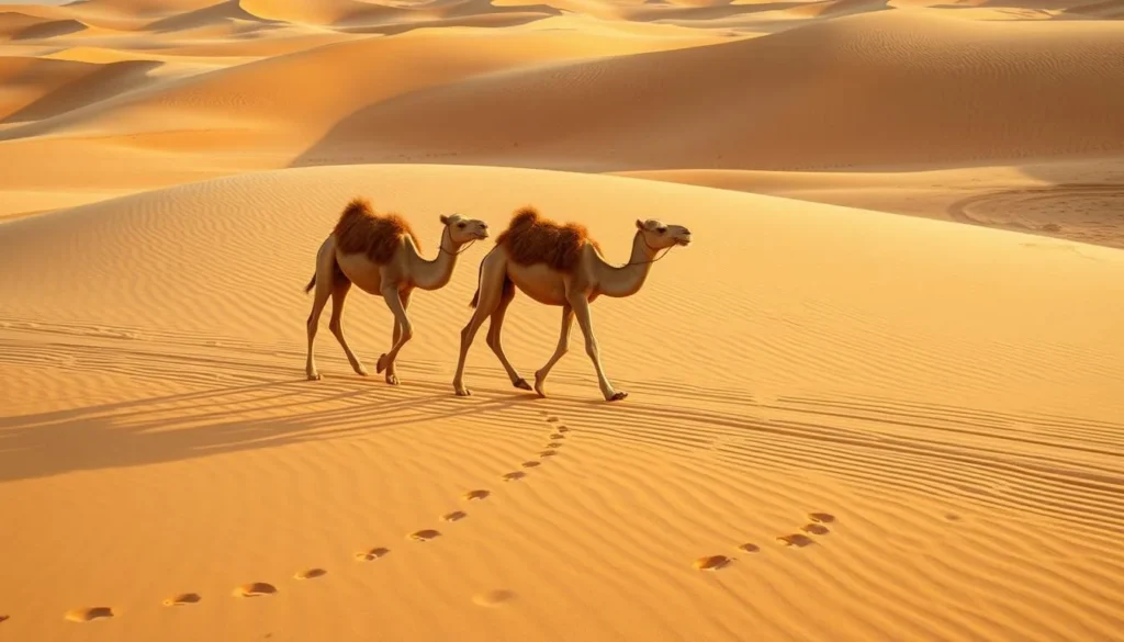 Camels walking through Wahiba Sands desert in Oman