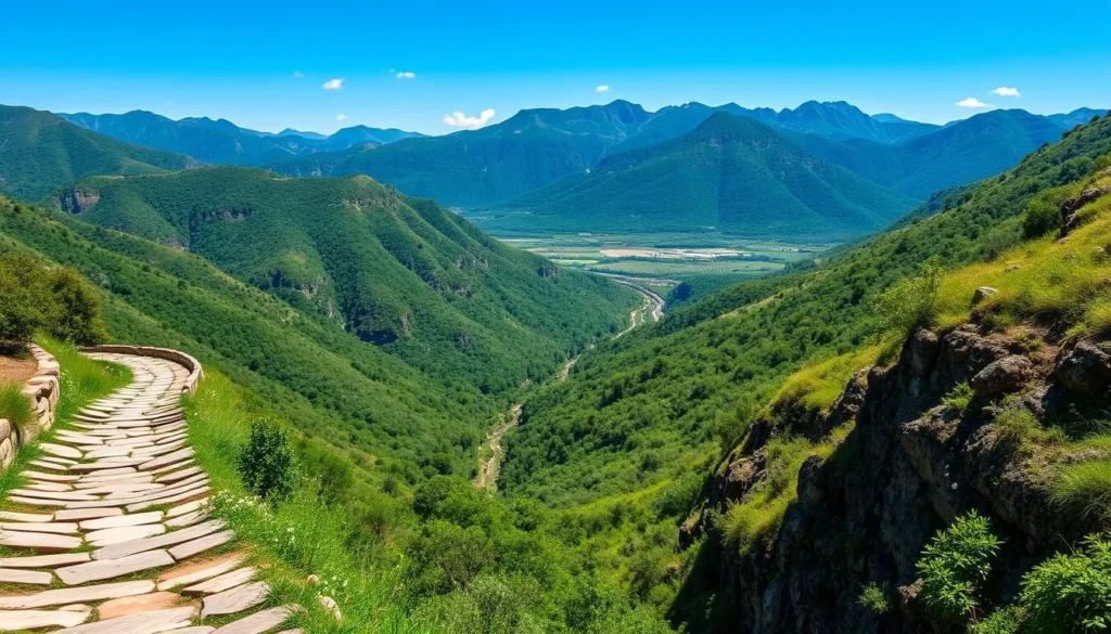 Camino Real trail between Barichara and Guane with stone path and canyon views Camino Real trail between Barichara and Guane with stone path and canyon views