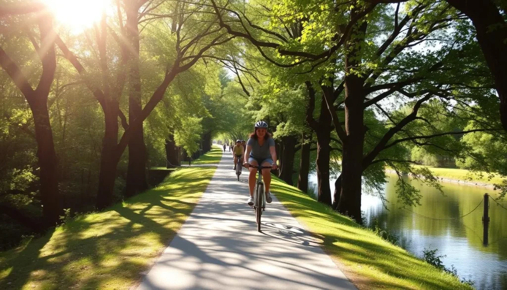 C&O Canal Towpath trail with cyclists riding under tree canopy