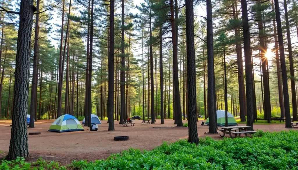 Campground at Pattison State Park Wisconsin showing tent sites surrounded by tall pine trees