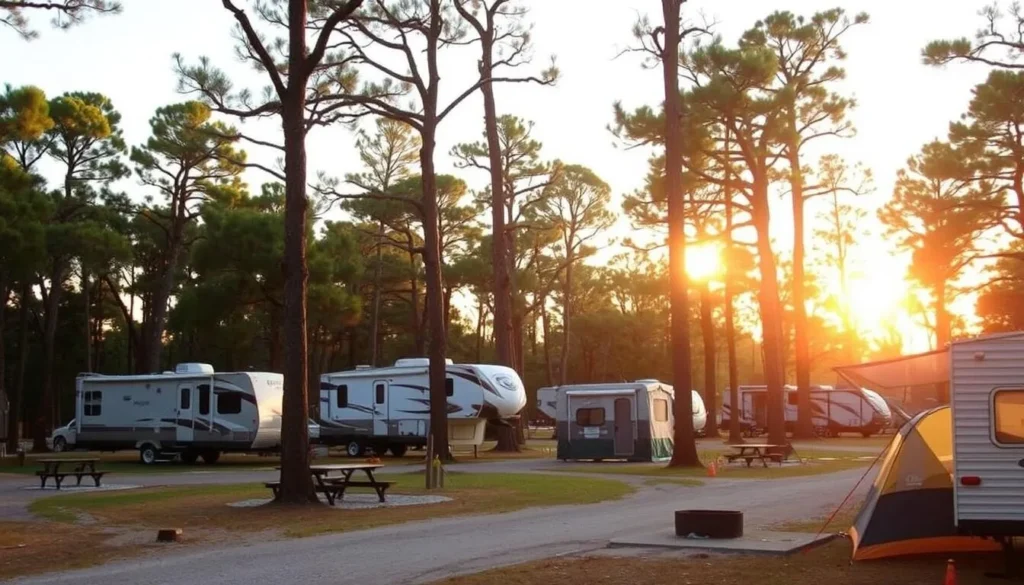 Camping area at Brazos Bend State Park with RVs and tents set up among trees