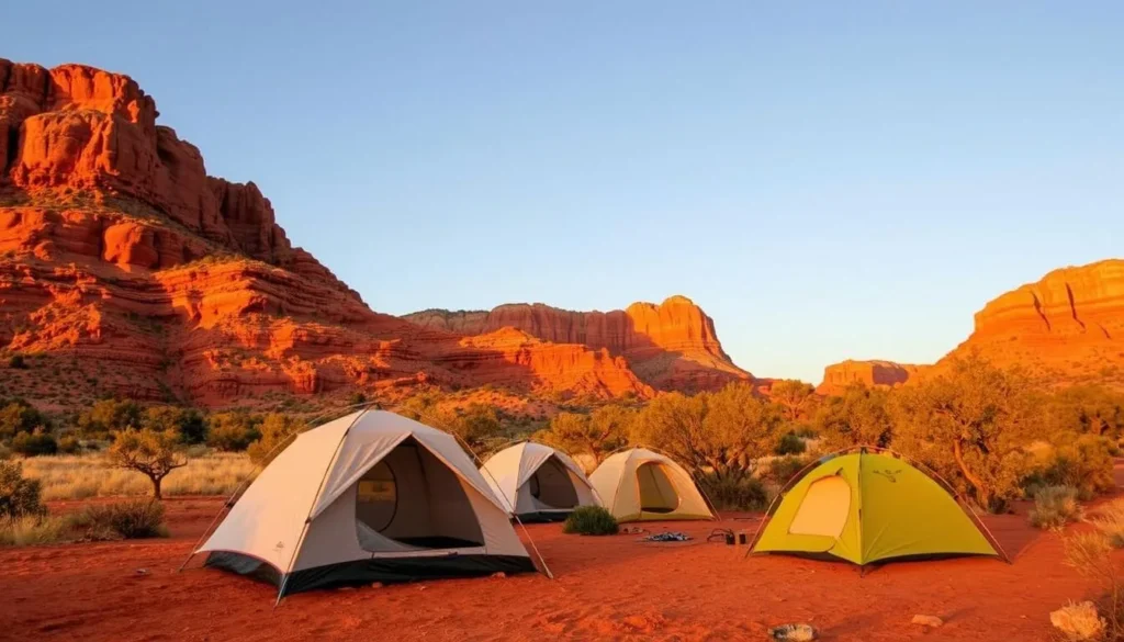 Camping area at Caprock Canyons State Park with tents set up against the backdrop of canyon walls Camping area at Caprock Canyons State Park with tents set up against the backdrop of canyon walls