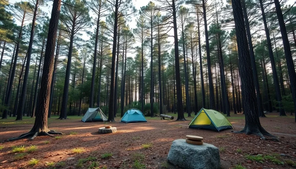 Camping area at Dunns Creek State Park with tents set up among pine trees Camping area at Dunns Creek State Park with tents set up among pine trees