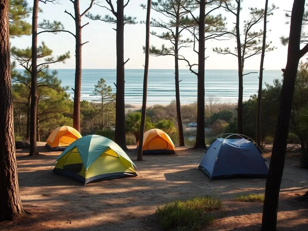Camping area at Huntington Beach State Park with tents and ocean view
