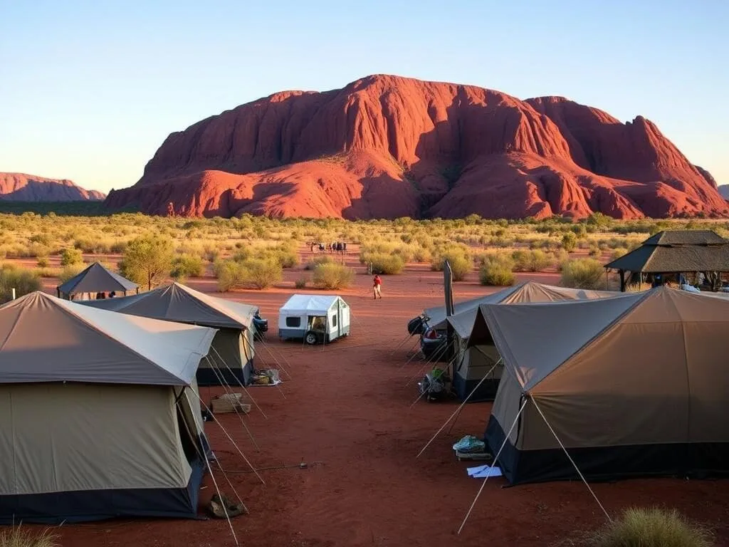 Camping area at Kings Creek Station with tents and outback landscape