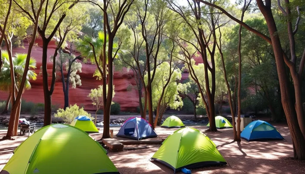 Camping area at Lawn Hill Gorge with tents set up among trees near the creek