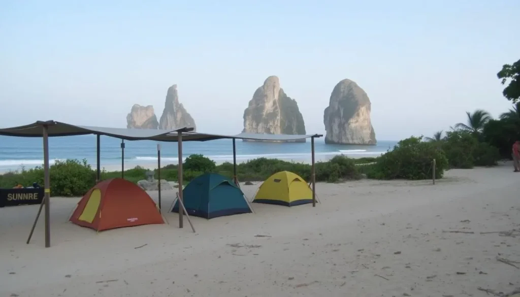 Camping area at Nosy Hara with tents set up near the beach Camping area at Nosy Hara with tents set up near the beach