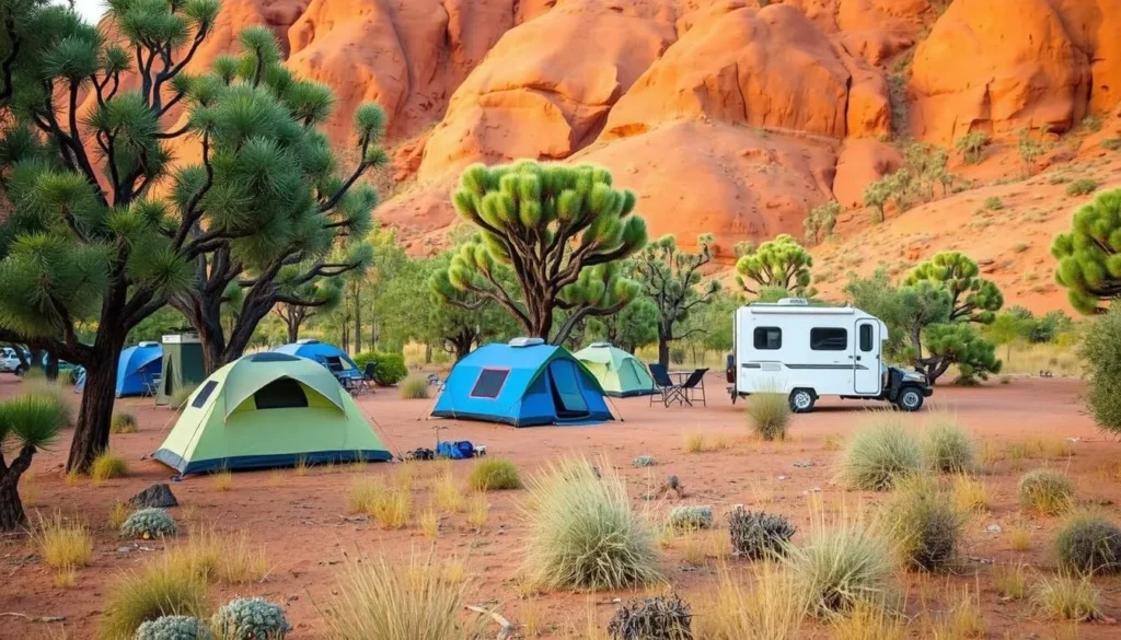 Camping area at Ormiston Gorge in West MacDonnell National Park with tents set up among desert trees and red cliffs in the background