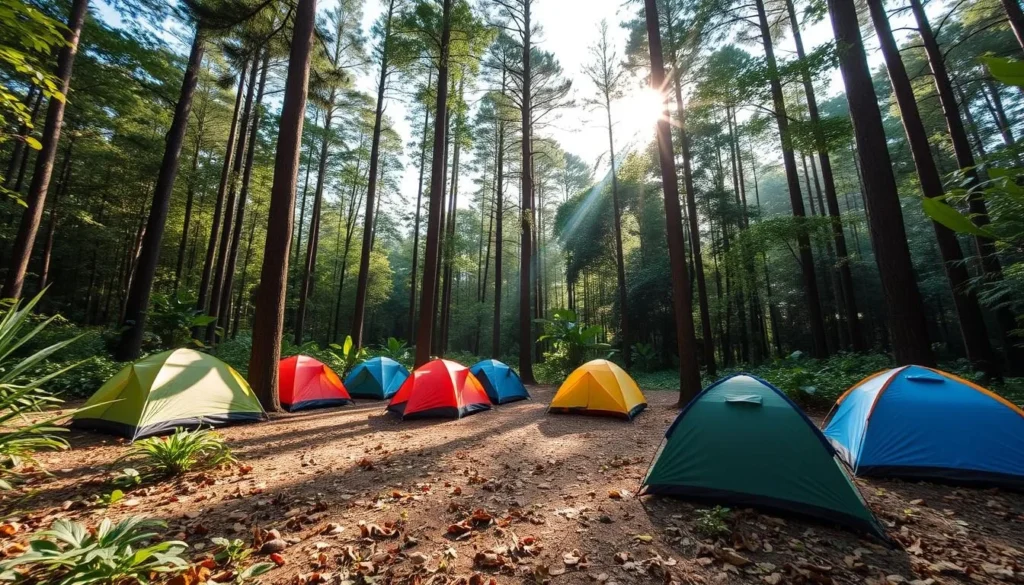 Camping area near Lake Kaco with tents set up in a small clearing