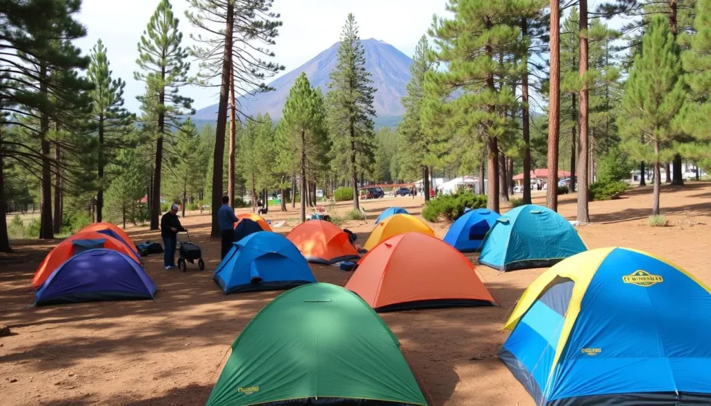 Camping area near Nevado de Toluca with tents set up among pine trees