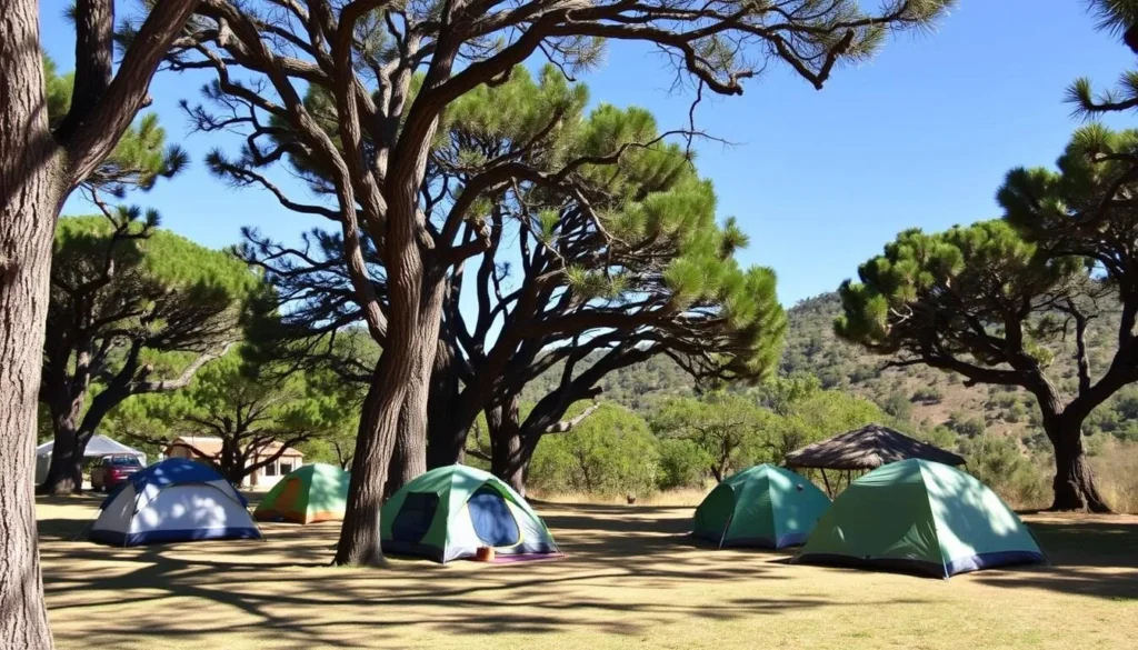 Camping at Scorpion Canyon campground on Santa Cruz Island with tents under eucalyptus trees