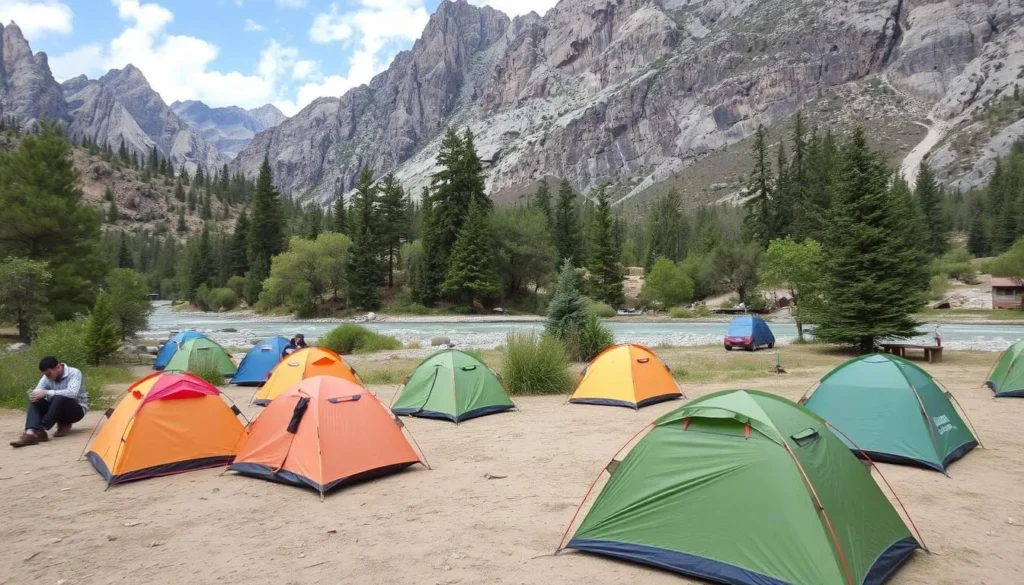 Camping in La Junta area of Cochamo Valley with tents set up near the river