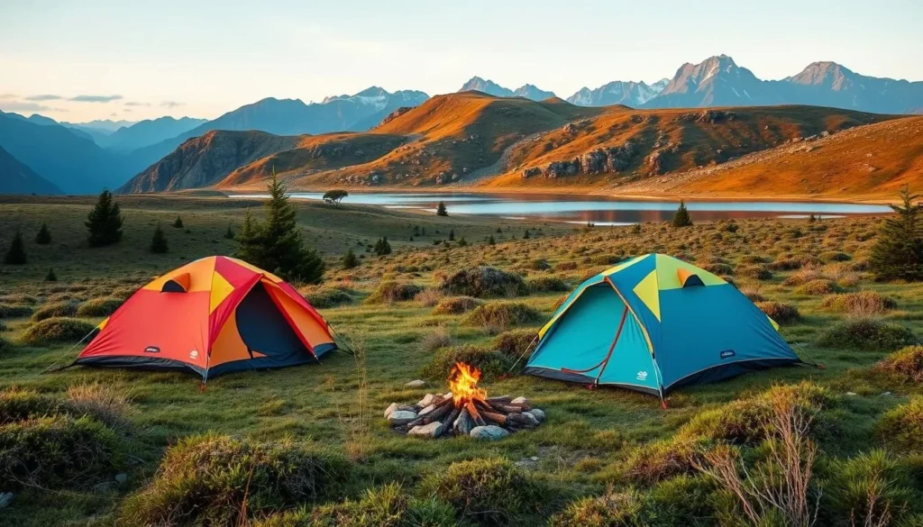 Camping setup near Lake Habema with tents and mountain backdrop