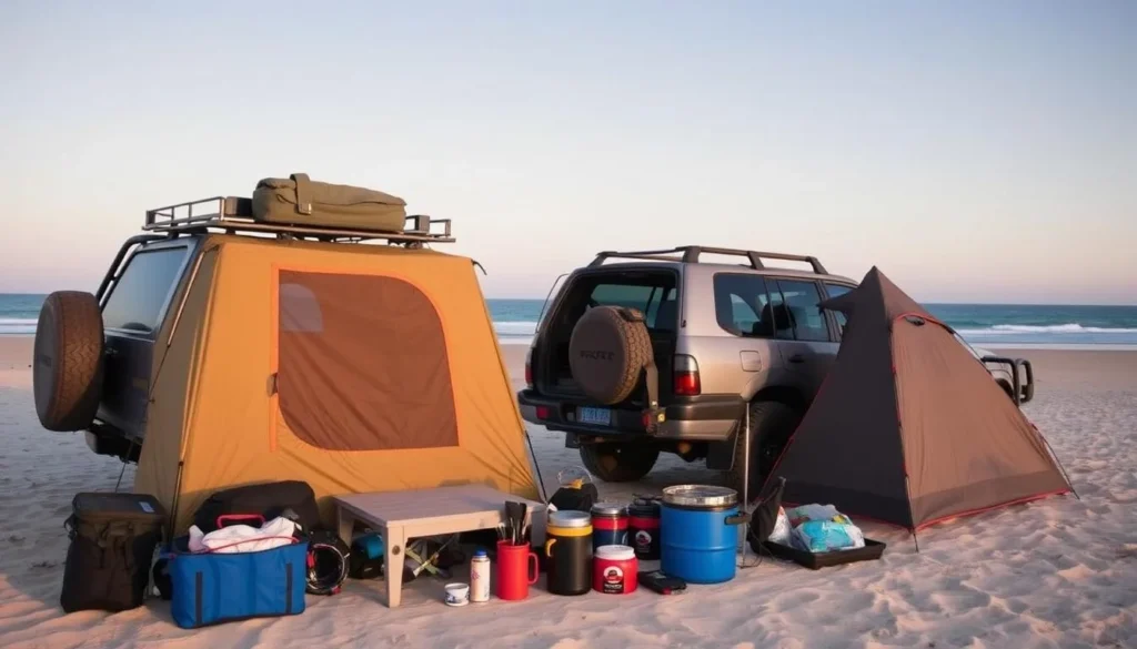 Camping setup on Moreton Island Queensland with 4WD and essential gear