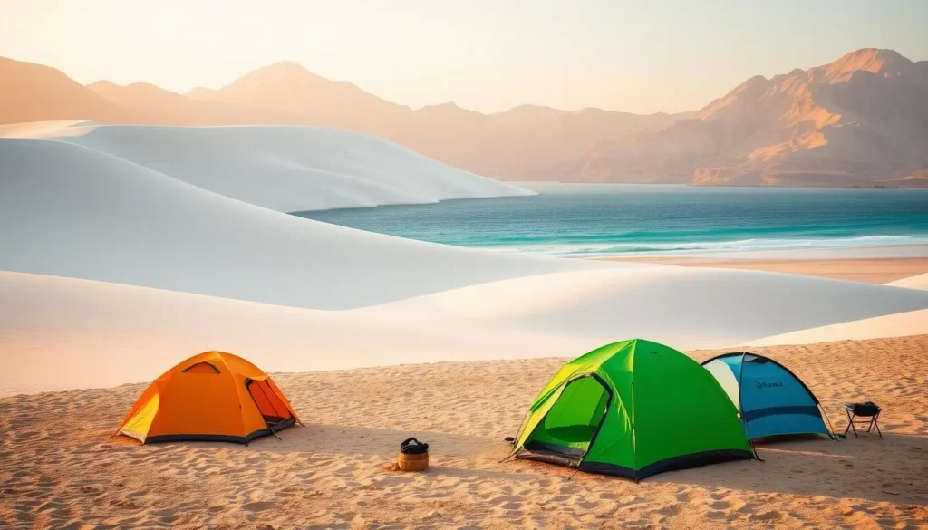 Camping setup on Socotra's Arher Beach with tents near white sand dunes and the ocean