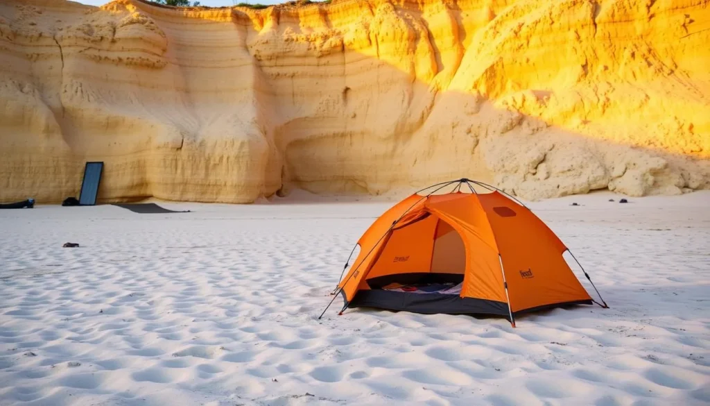 Camping setup on Yellowstone Beach at Isla Monserrate