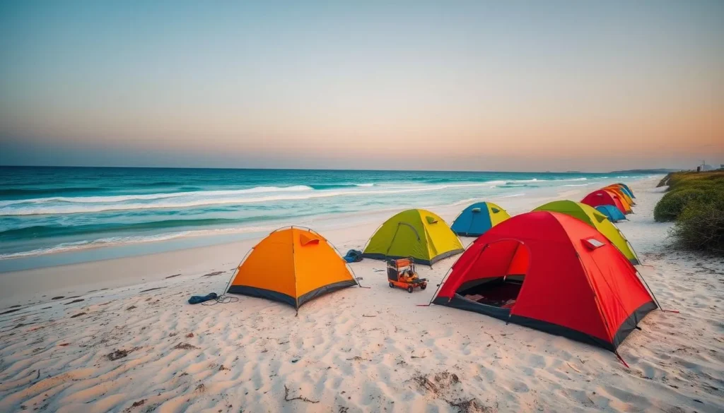 Camping setup on a beach at Isla Santa Catalina, Mexico with tents and a beautiful ocean view Camping setup on a beach at Isla Santa Catalina, Mexico with tents and a beautiful ocean view