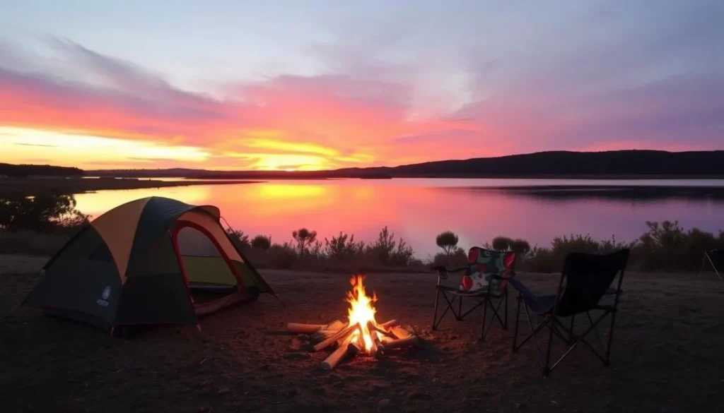 Camping site at Coorong National Park, South Australia with lagoon view at sunset